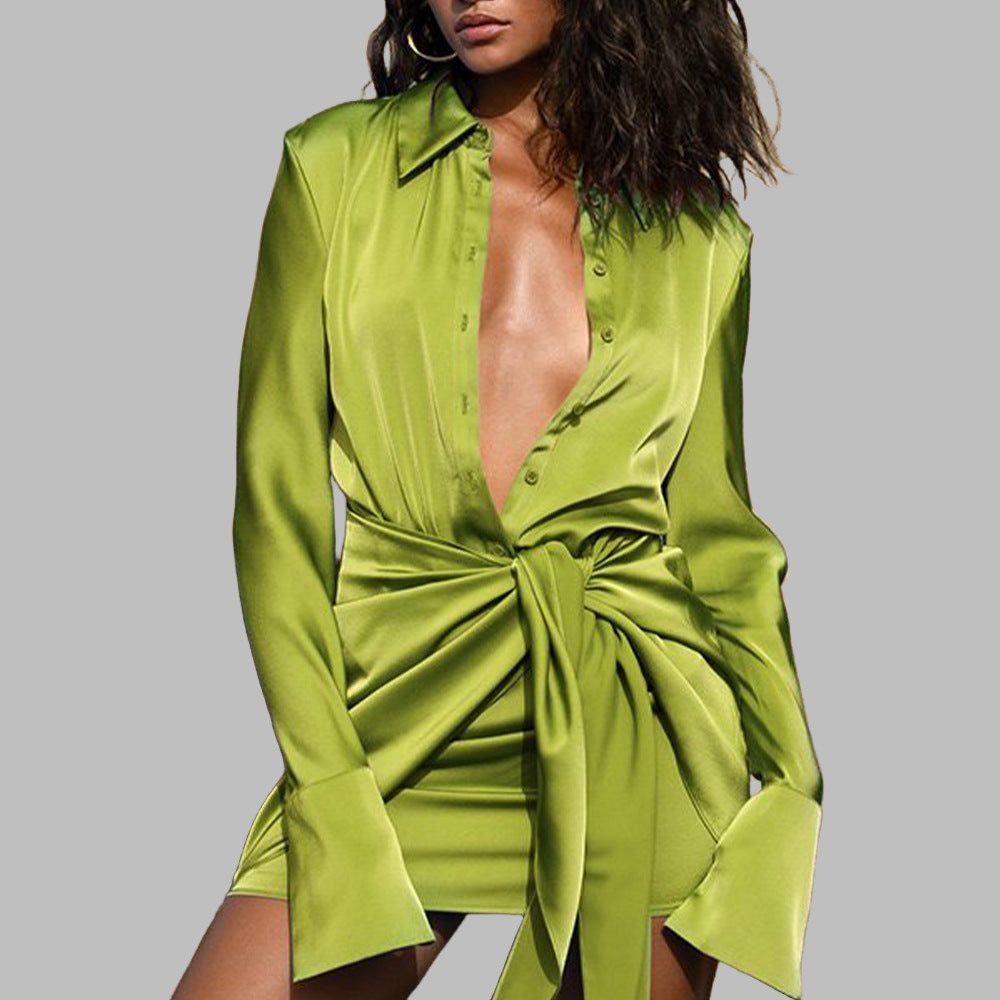 Satin Collared Deep V-Neck Long Sleeve Tie Front Mini Shirt Dress