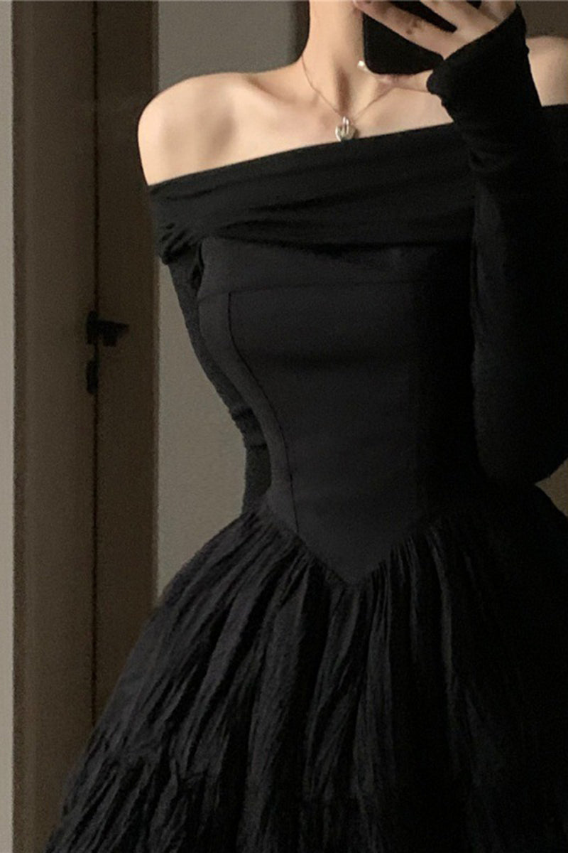 H5068 - Casual Off-Shoulder Long Sleeves Satin A-Line Mini Dress