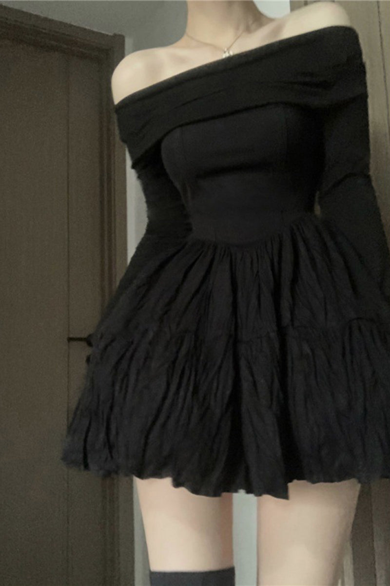 H5068 - Casual Off-Shoulder Long Sleeves Satin A-Line Mini Dress