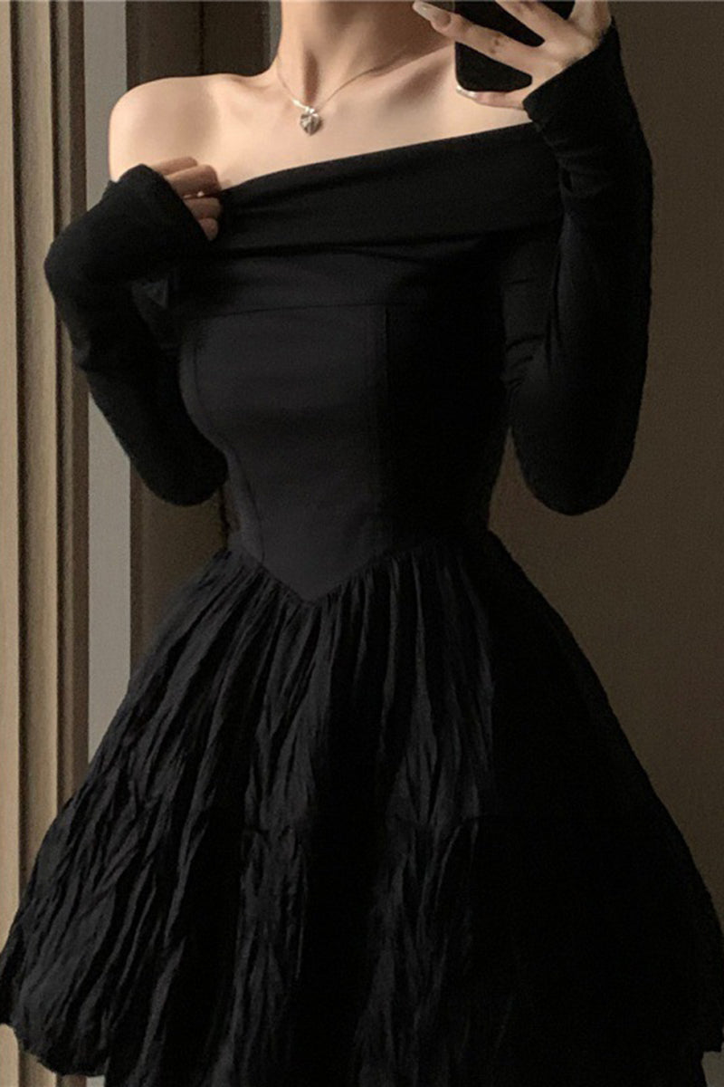 H5068 - Casual Off-Shoulder Long Sleeves Satin A-Line Mini Dress