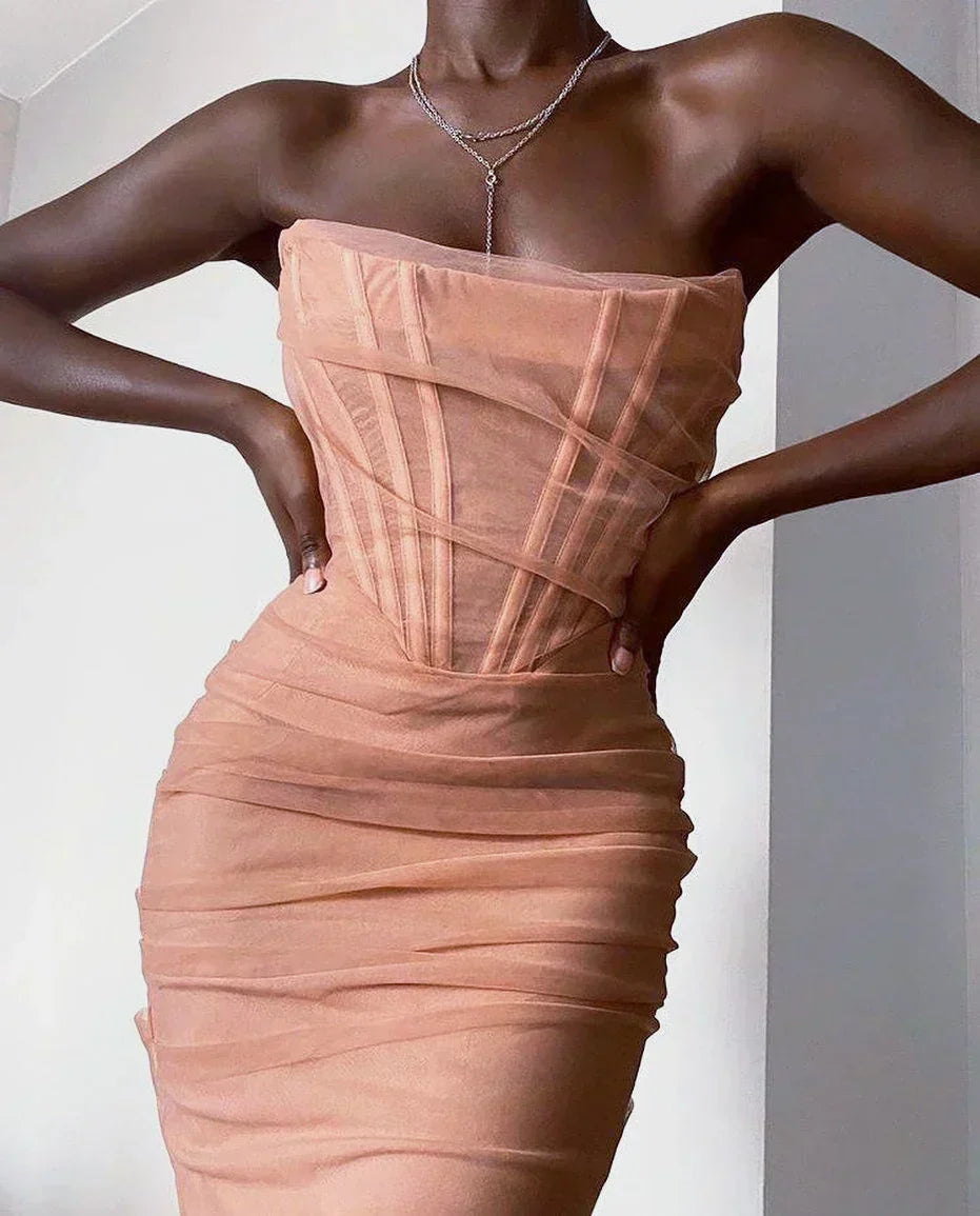 Mesh Strapless Corset Ruched Bodycon Mini Dress