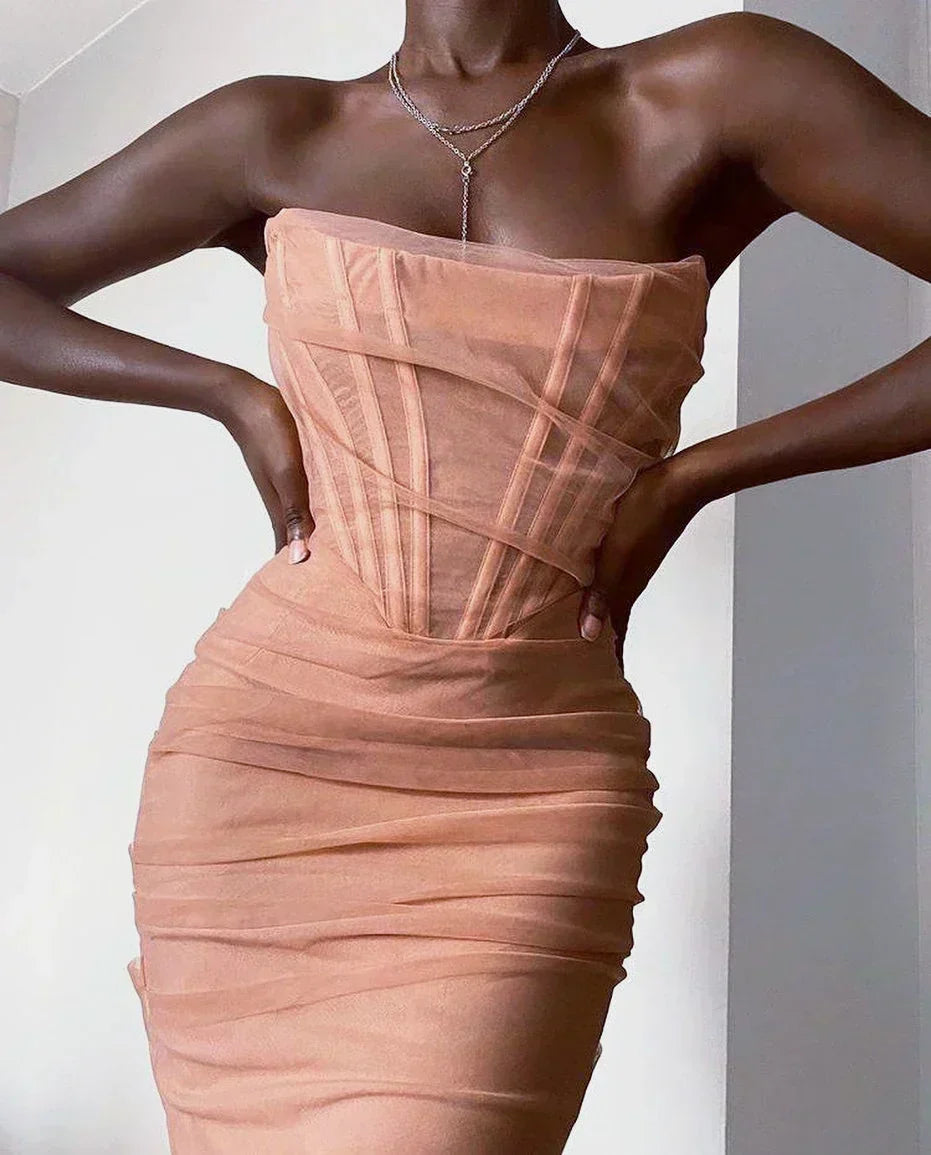 Mesh Strapless Corset Ruched Bodycon Mini Dress 6