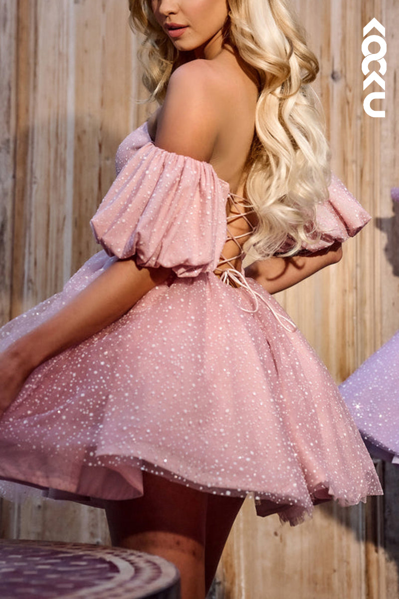 H5207 - Sweetheart Off-Shoulder Strapless Tulle Satin A-Line Mini Wedding Dress