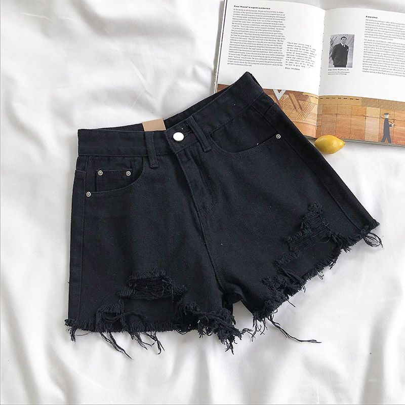 KittenAlarm - Casual High Waist Denim Shorts Women Summer Pocket Tassel Hole Ripped jeans Short Female Femme Short Pants Women