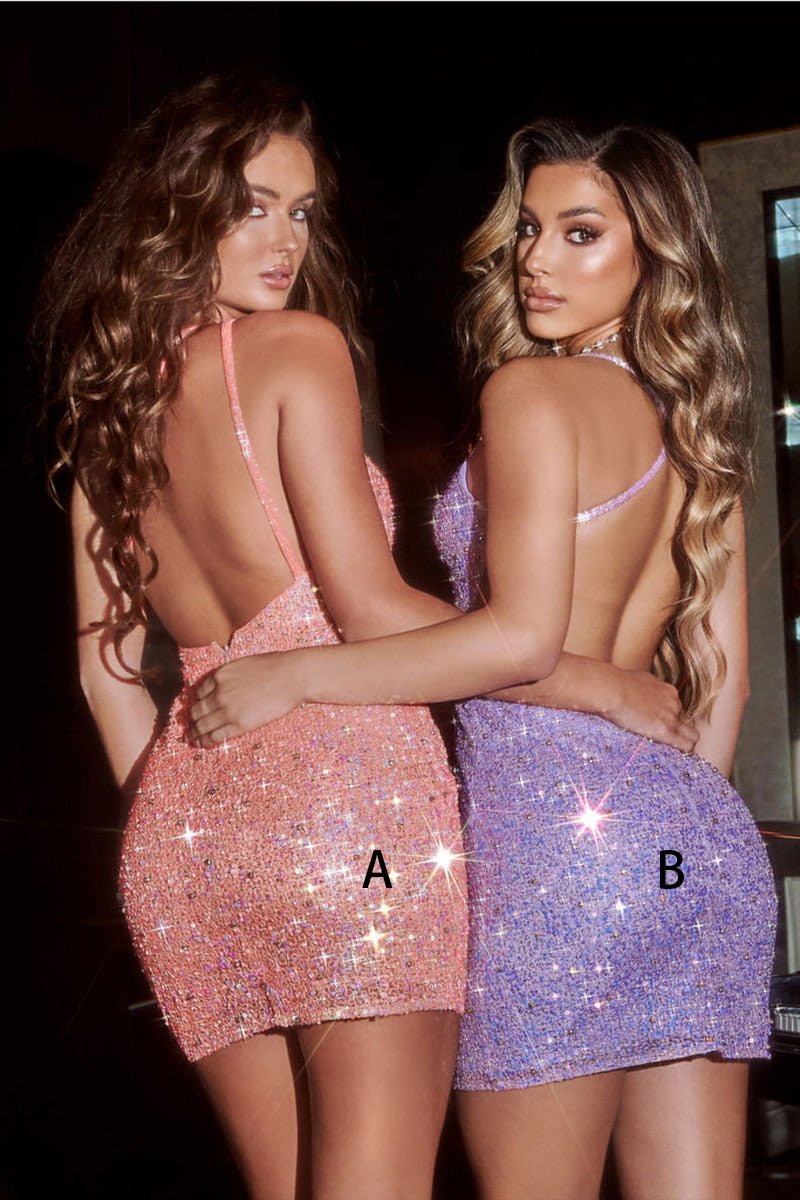 H5426 - One Shoulder/ V-Neck Sequined Beaded Sheath Mini Homecoming Dress