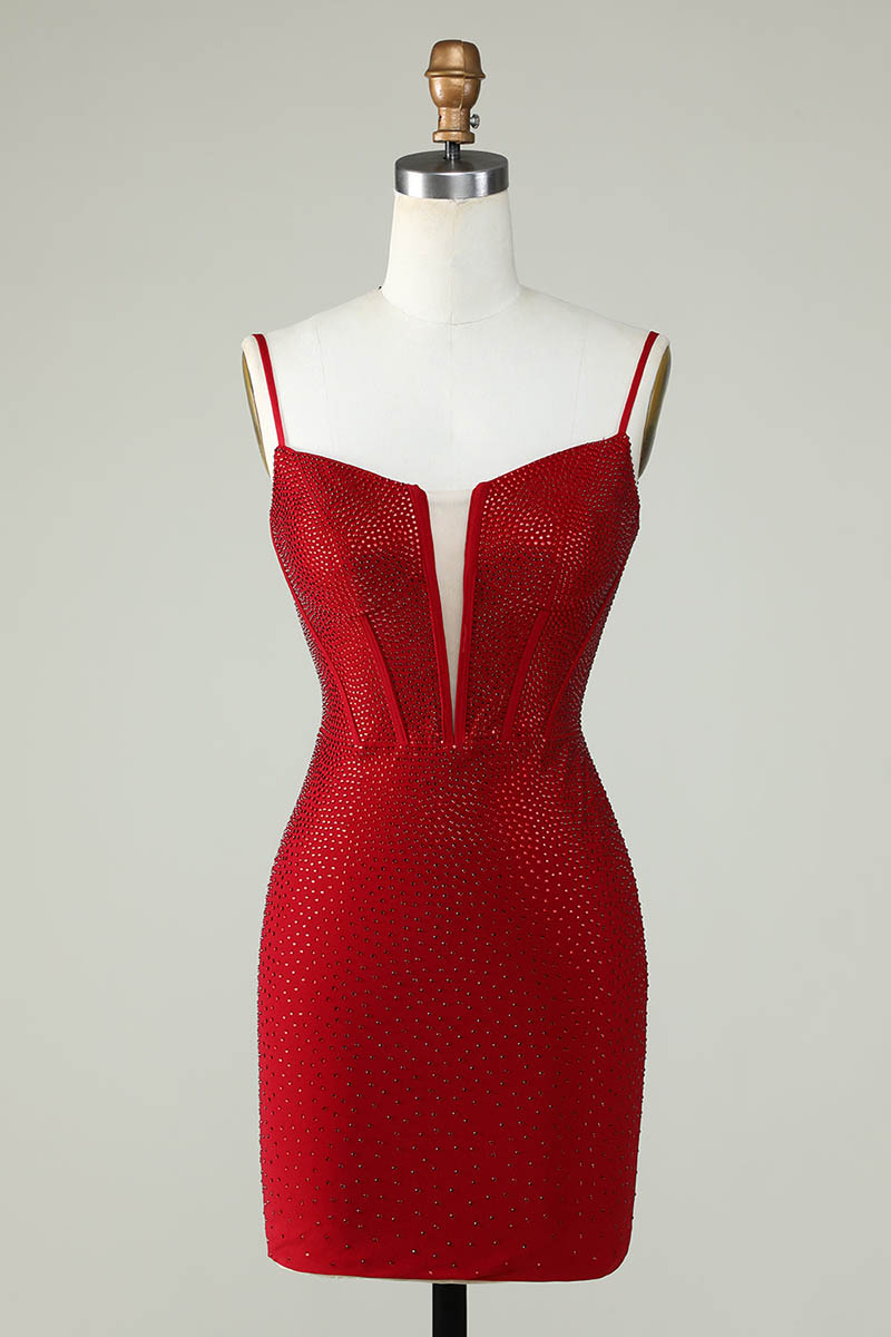 H5466 - Low V-Neck Spaghetti Straps Beaded Satin Sheath Mini Homecoming Dress