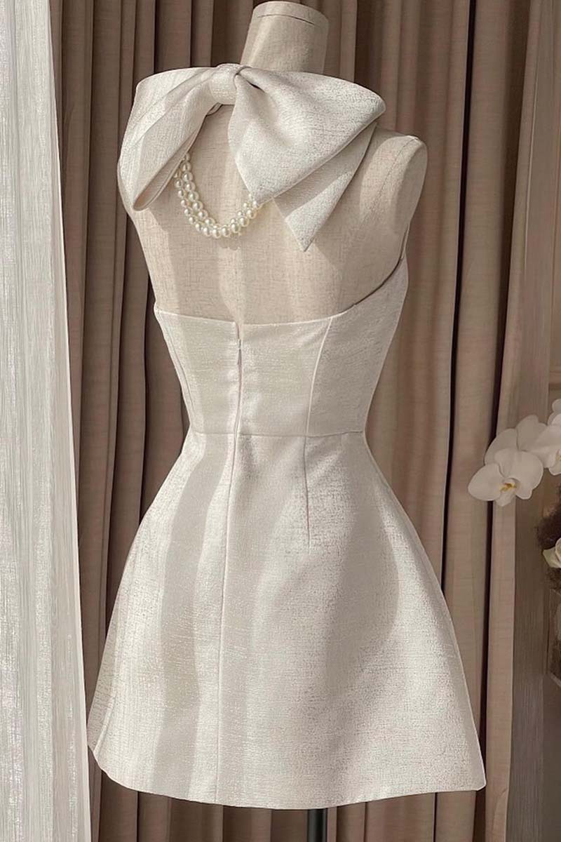 H5510 - Square Neck Halter Sleeveless Satin A-Line Mini Homecoming Dress With Bow