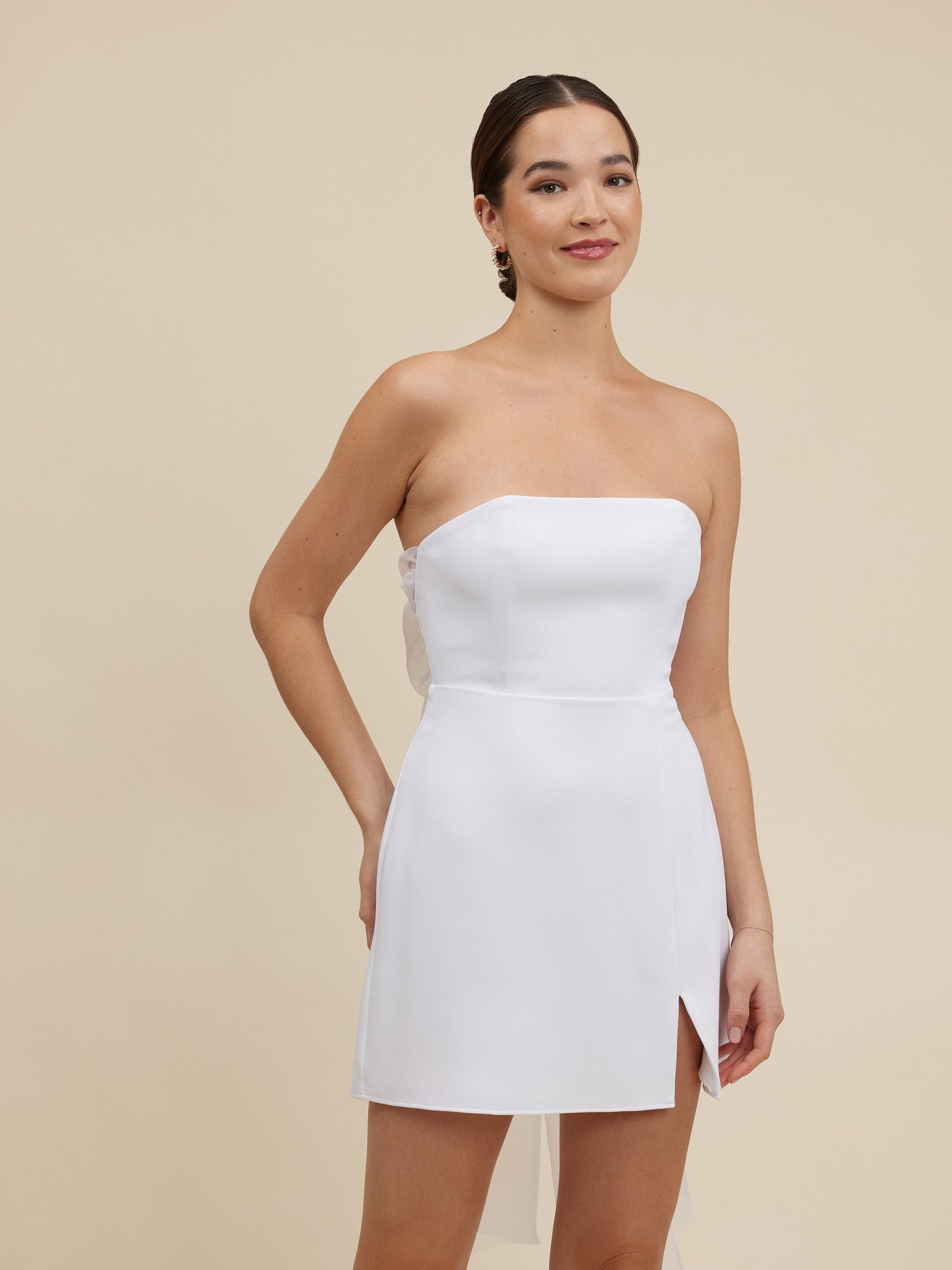 H5544 - Strapless Sleeveless Satin Sheath Mini Homecoming Dress With Bow