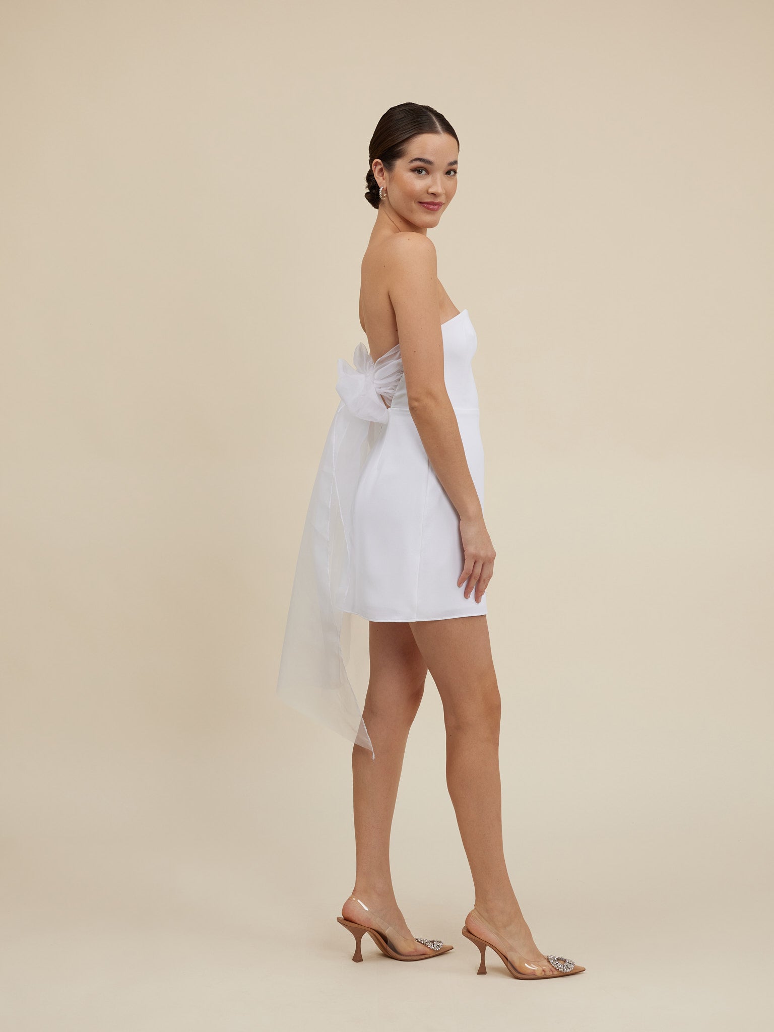 H5544 - Strapless Sleeveless Satin Sheath Mini Homecoming Dress With Bow