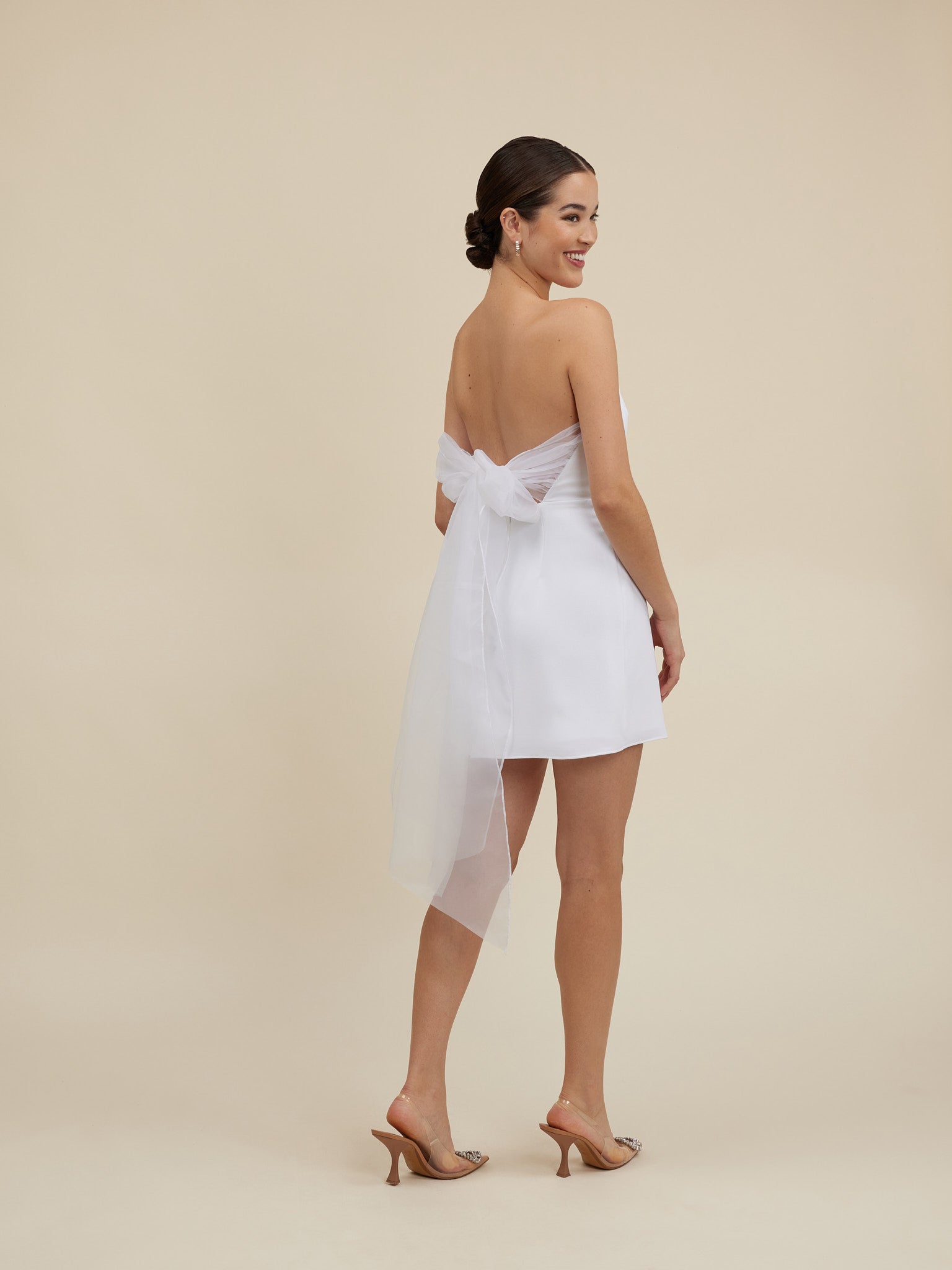 H5544 - Strapless Sleeveless Satin Sheath Mini Homecoming Dress With Bow