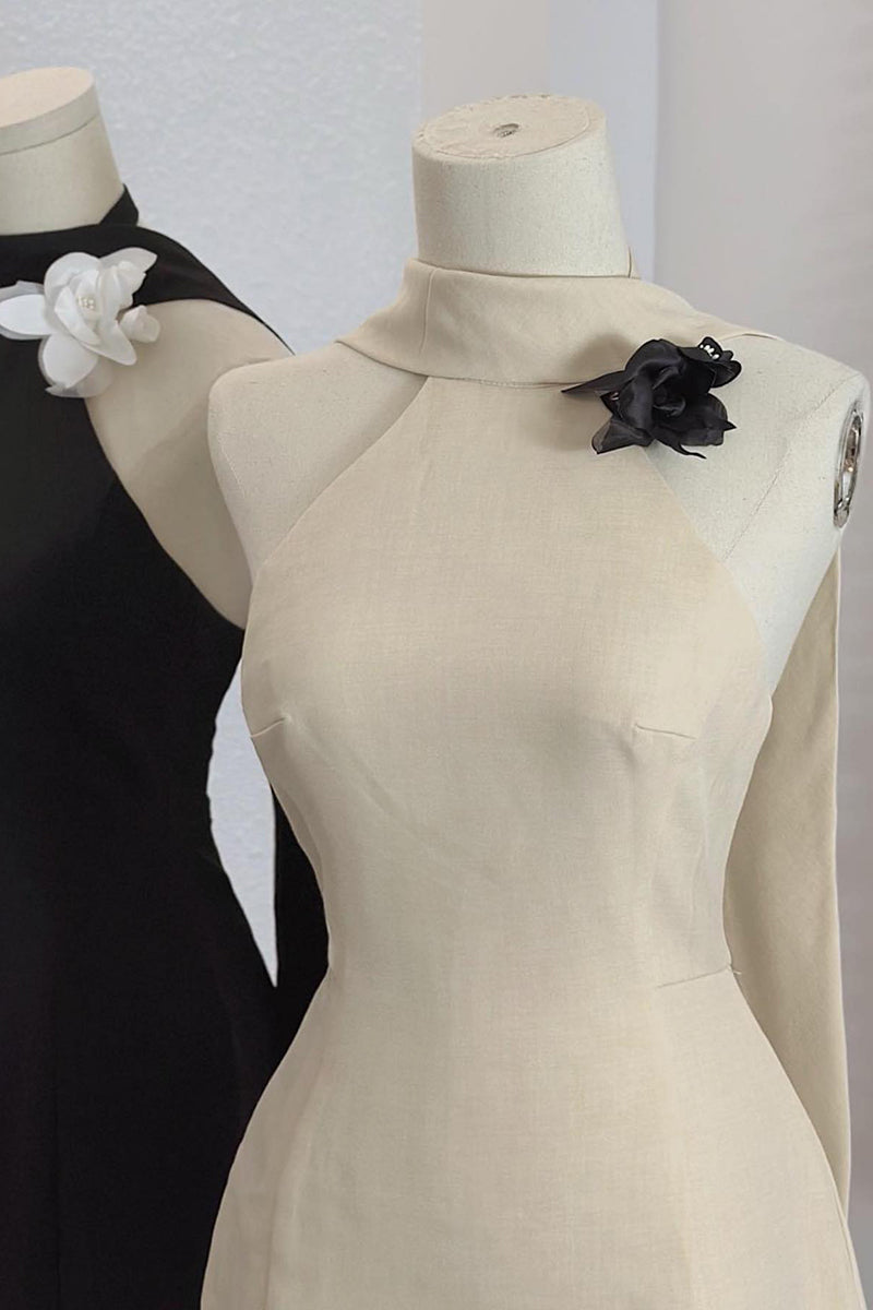 H5549 - Halter Sleeveless Floral Backless Satin Sheath Mini Homecoming Dress
