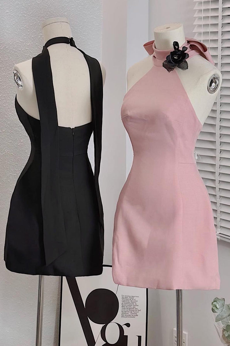 H5549 - Halter Sleeveless Floral Backless Satin Sheath Mini Homecoming Dress