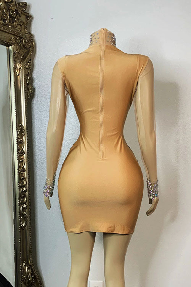 H5552 - High Neck Long Sleeves Beaded Sheer Tulle Sheath Mini Homecoming Dress