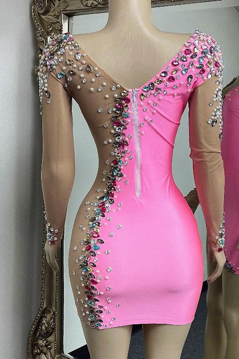 H5554 - V-Neck Long Sleeves Beaded Sheer Tulle Satin Sheath Mini Homecoming Dress