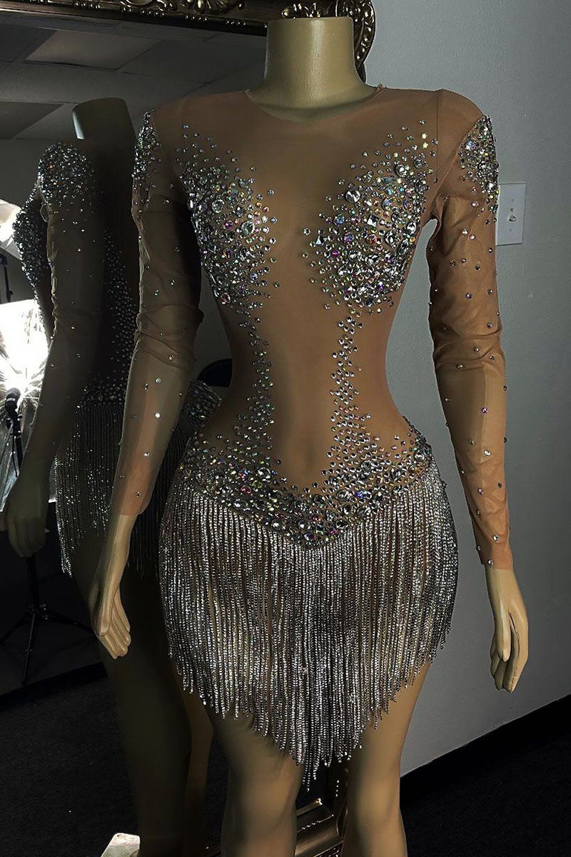 H5562 - Scoop Sheer Tulle Long Sleeves Beaded Sheath Mini Homecoming Dress
