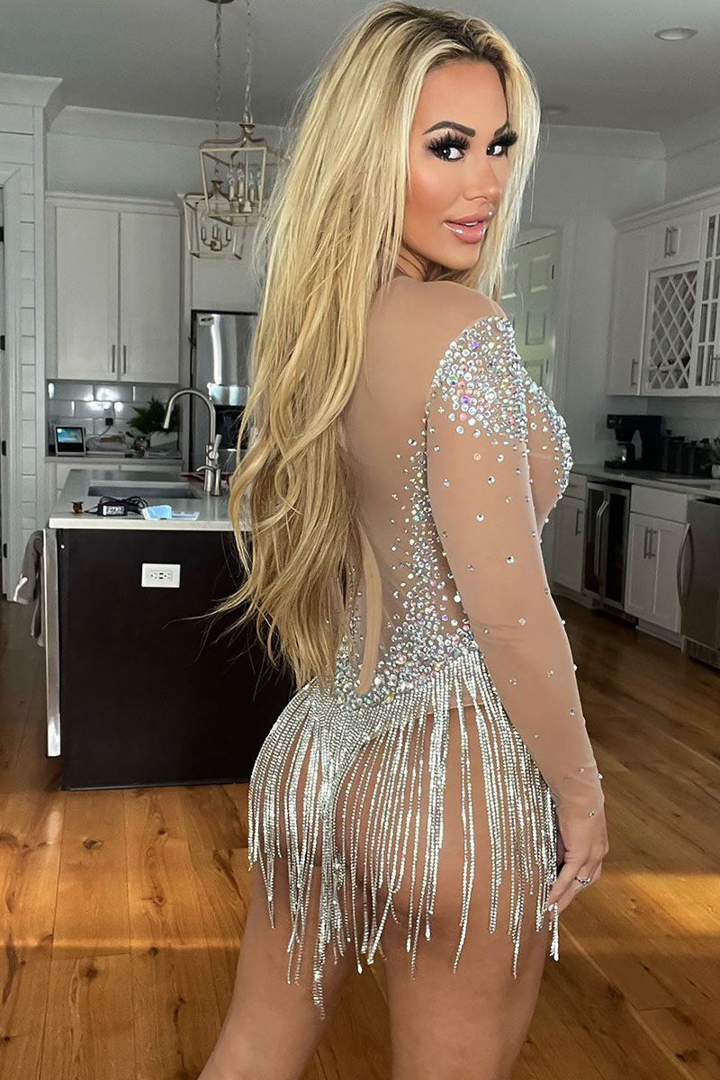 H5562 - Scoop Sheer Tulle Long Sleeves Beaded Sheath Mini Homecoming Dress