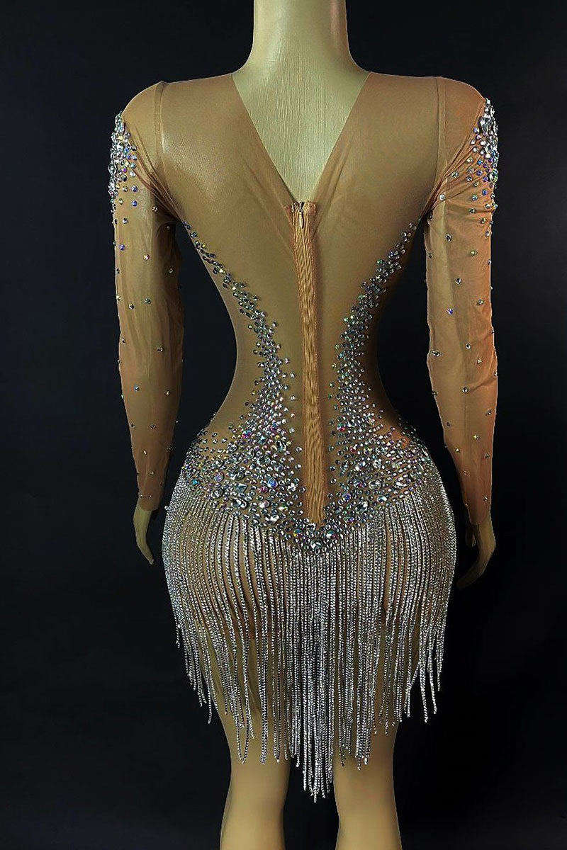 H5562 - Scoop Sheer Tulle Long Sleeves Beaded Sheath Mini Homecoming Dress