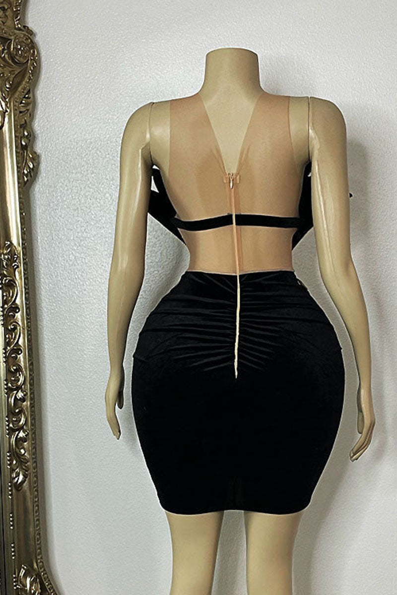 H5565 - Scoop Sheer Tulle Beaded Cut Outs Satin Sheath Mini Homecoming Dress