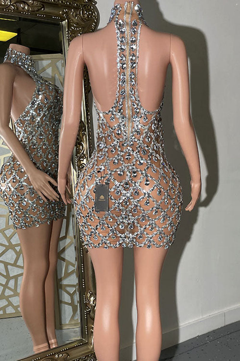 H5568 - Halter High Neck Sleeveless Beaded Sheer Tulle Sheath Mini Homecoming Dress