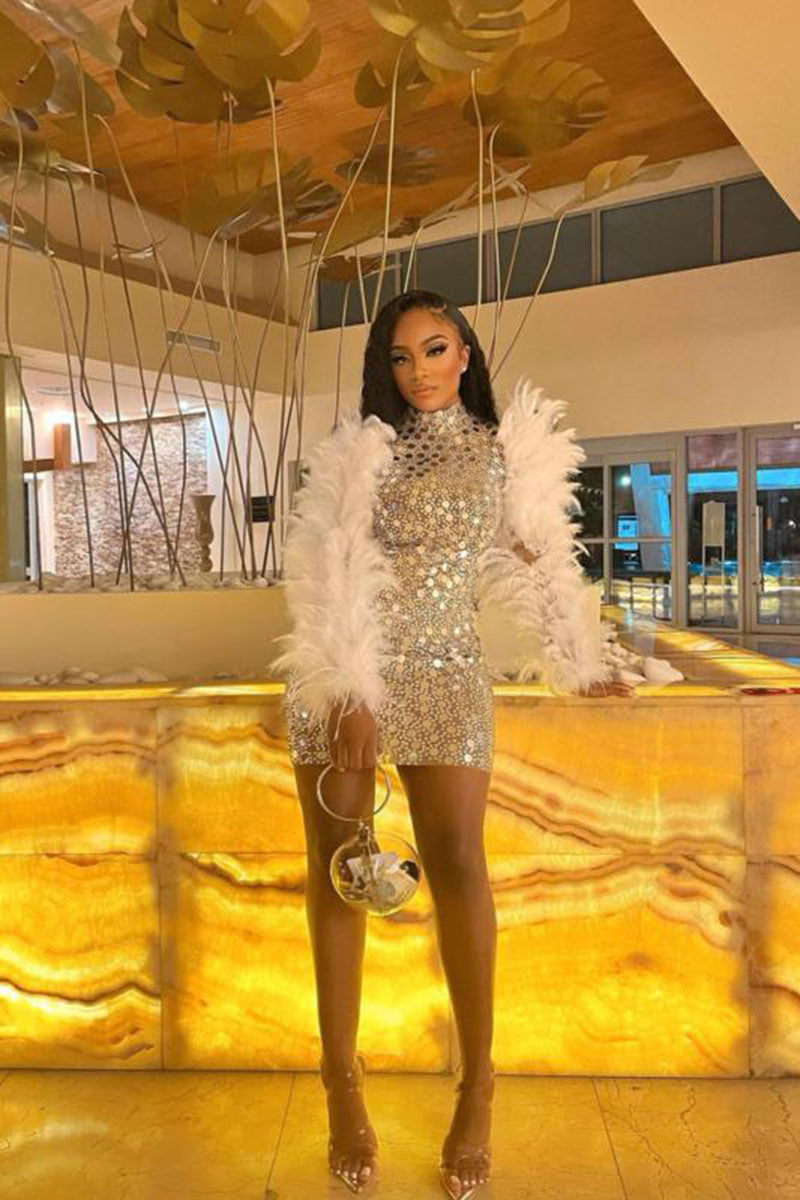H5575 - High Neck Long Sleeves Beaded Feather Sheath Mini Homecoming Dress