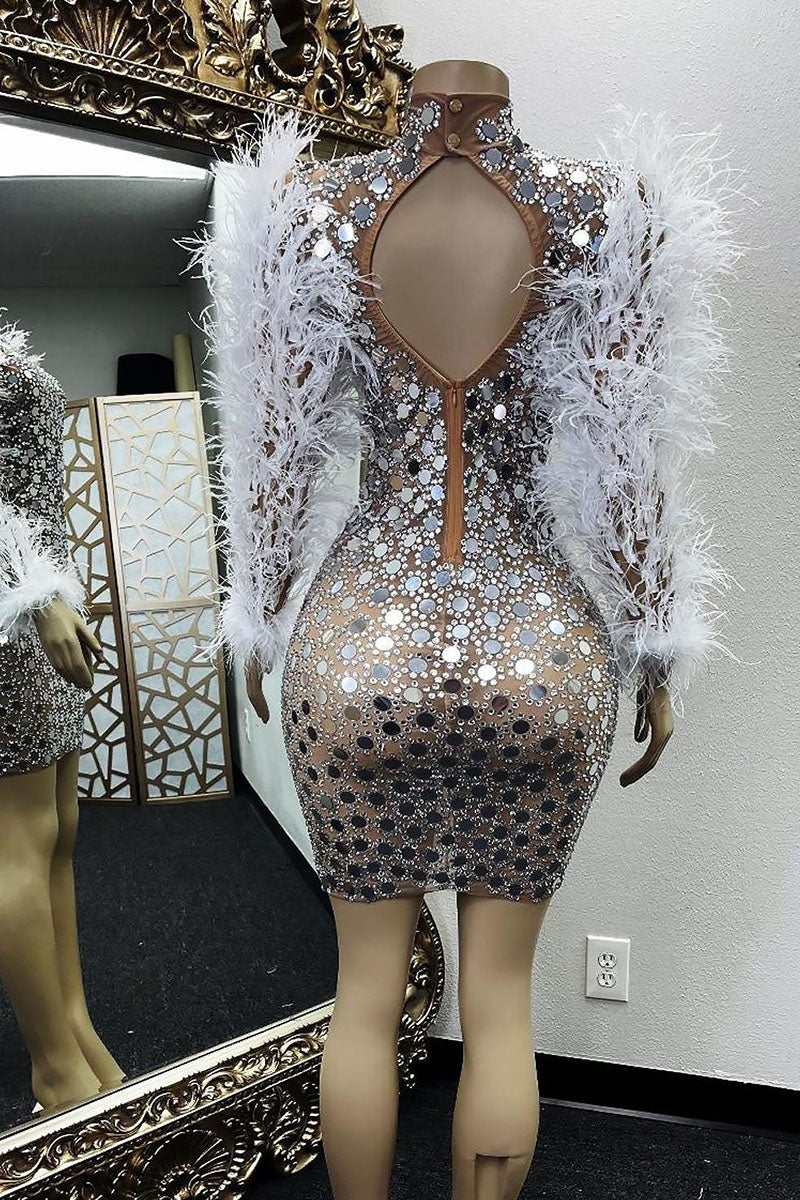 H5575 - High Neck Long Sleeves Beaded Feather Sheath Mini Homecoming Dress