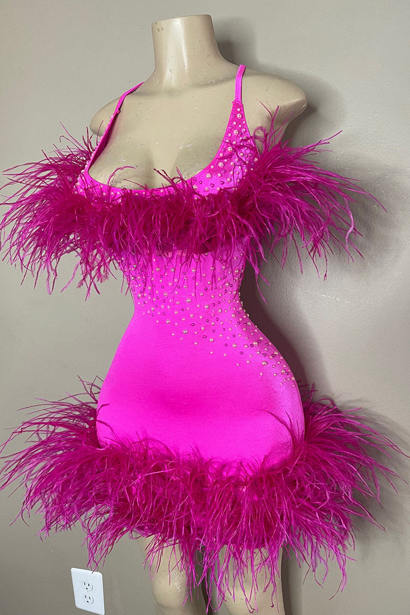 H5589 - Scoop Sleeveless Beaded Feather Satin Sheath Mini Homecoming Dress