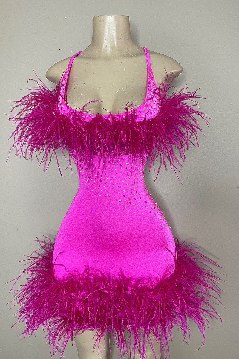 H5589 - Scoop Sleeveless Beaded Feather Satin Sheath Mini Homecoming Dress