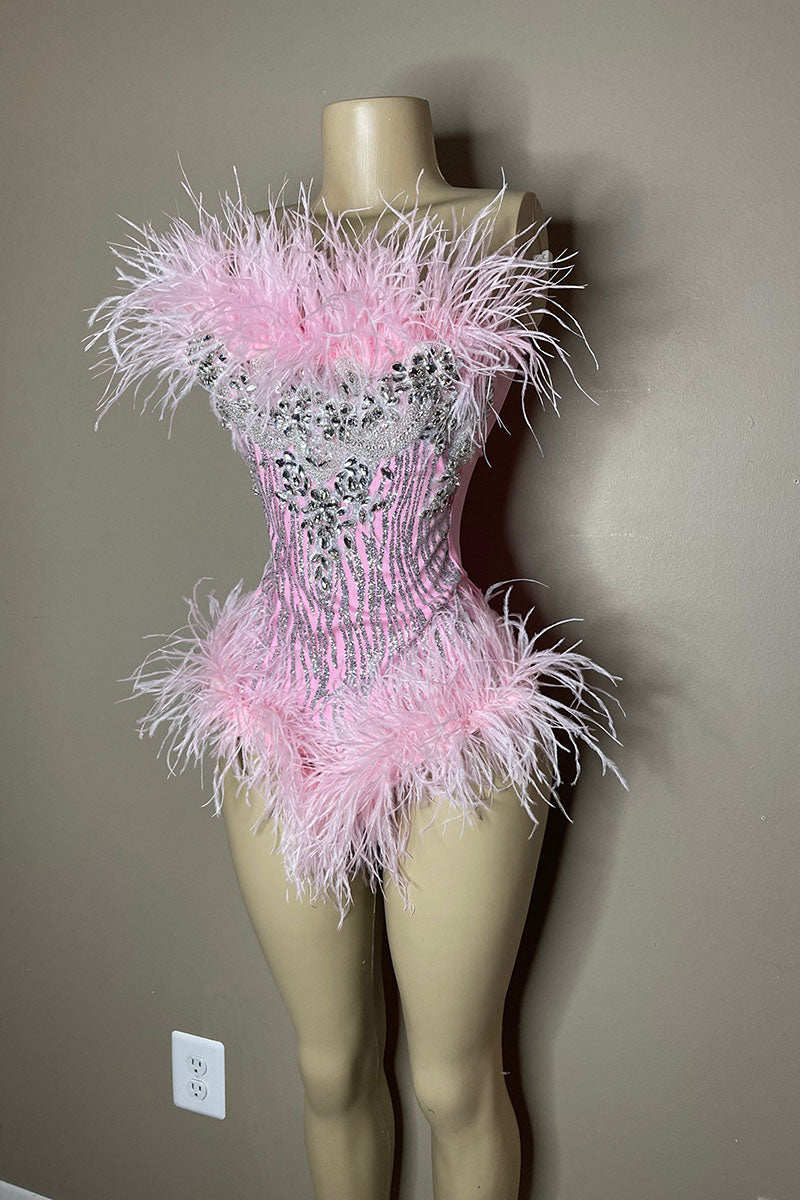 H5590 - Strapless Sleeveless Beaded Sequined Feather Satin Mini Homecoming Dress
