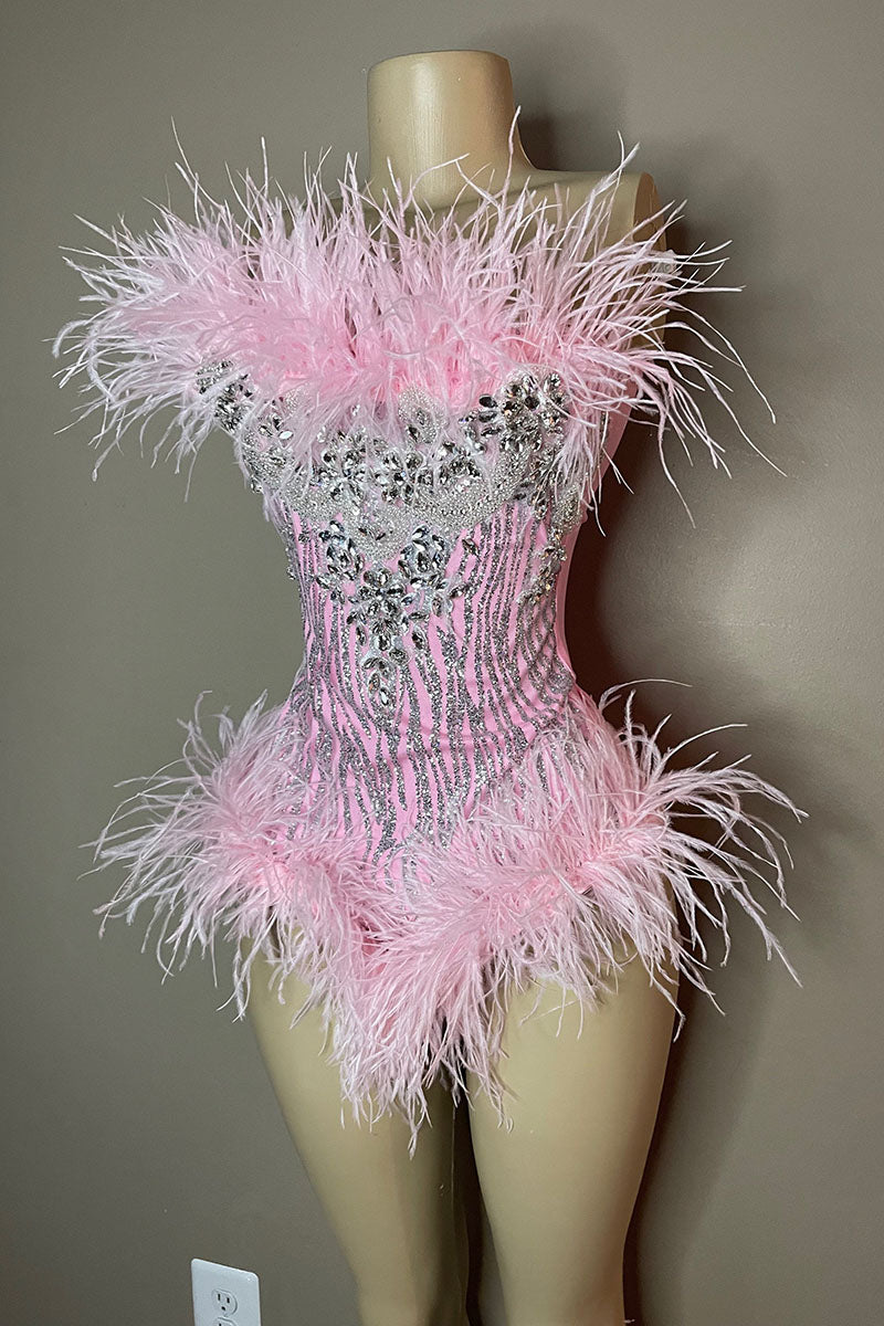 H5590 - Strapless Sleeveless Beaded Sequined Feather Satin Mini Homecoming Dress