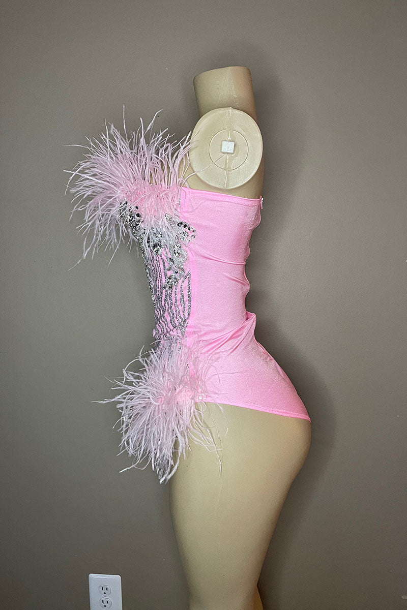 H5590 - Strapless Sleeveless Beaded Sequined Feather Satin Mini Homecoming Dress