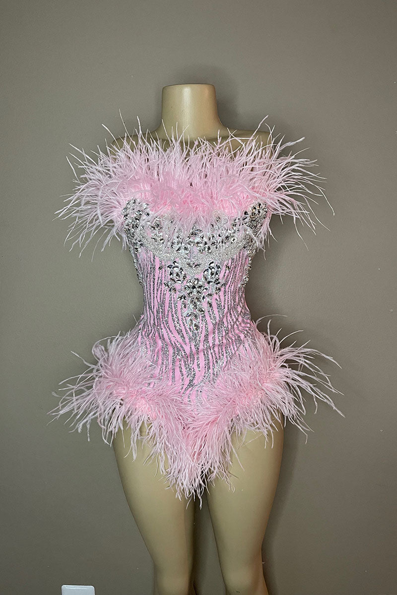 H5590 - Strapless Sleeveless Beaded Sequined Feather Satin Mini Homecoming Dress