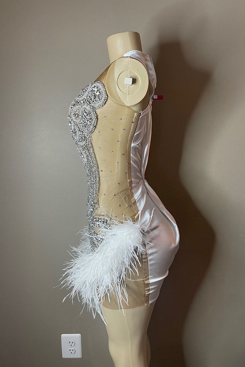 H5591 - High Neck Sleeveless Beaded Sheer Tulle Feather Sheath Mini Homecoming Dress