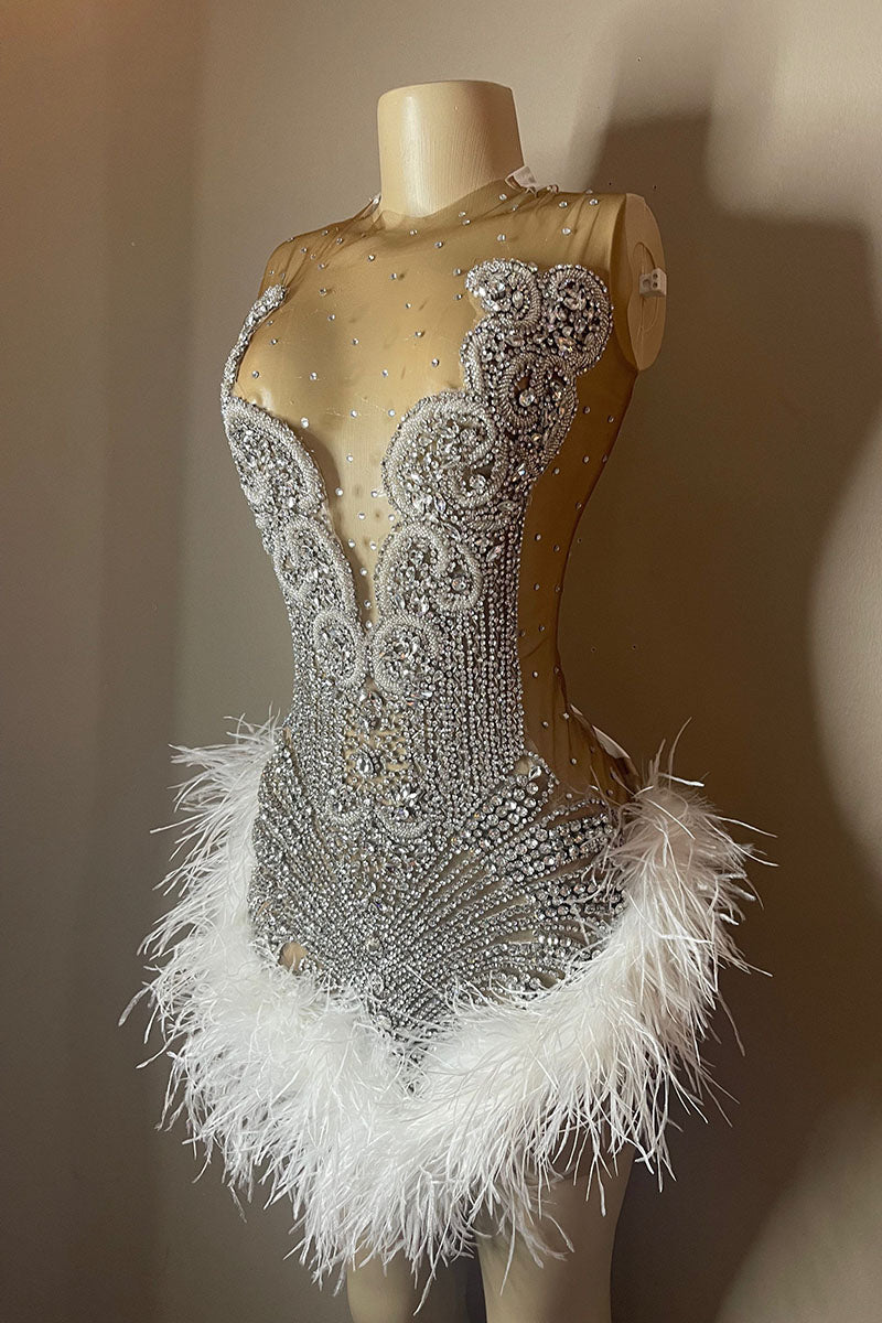 H5591 - High Neck Sleeveless Beaded Sheer Tulle Feather Sheath Mini Homecoming Dress