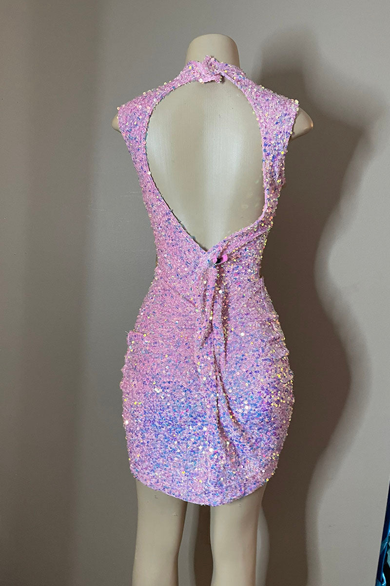 H5592 - Low V-Neck Sleeveless Beaded Sequined Sheath Mini Homecoming Dress