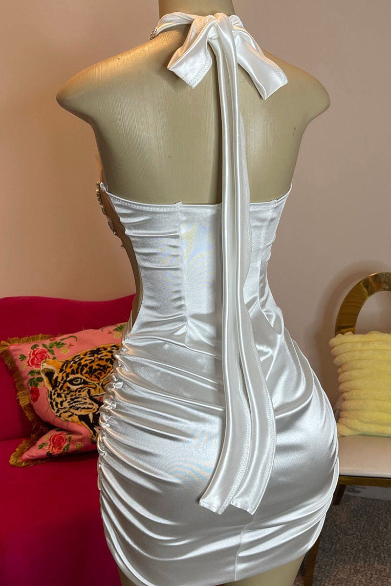H5593 - High Neck Halter Beaded Cut Outs Ruched Satin Sheath Mini Homecoming Dress