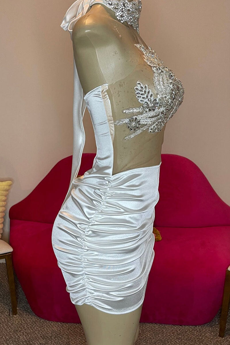 H5593 - High Neck Halter Beaded Cut Outs Ruched Satin Sheath Mini Homecoming Dress