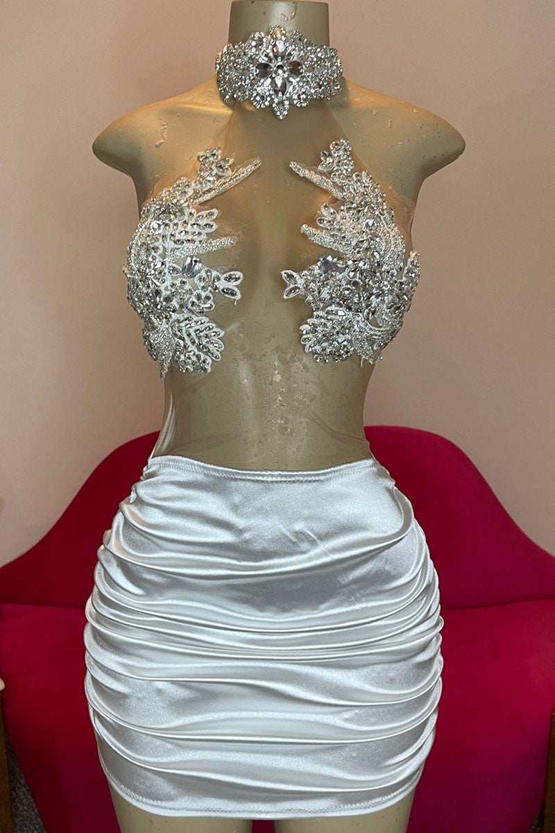 H5593 - High Neck Halter Beaded Cut Outs Ruched Satin Sheath Mini Homecoming Dress