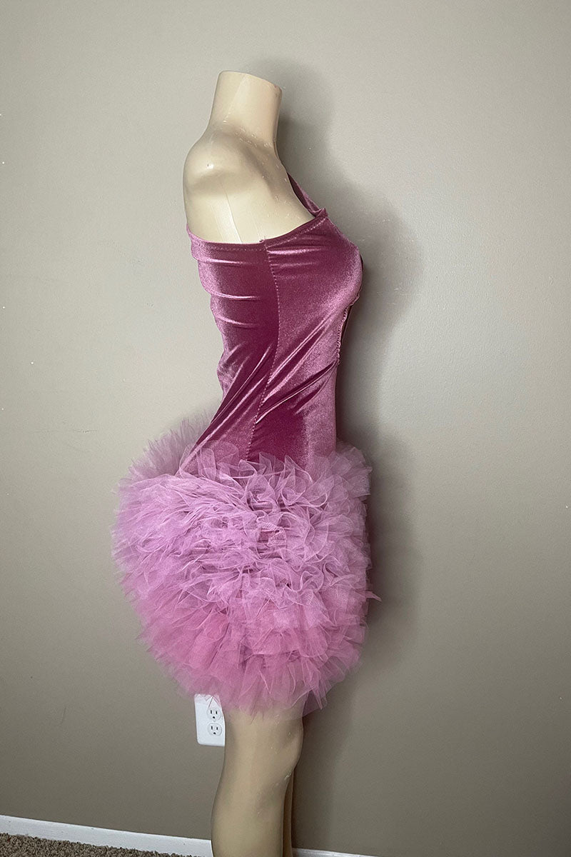 H5594 - One Shoulder Cut Outs Ruched Tulle Velvet Sheath Mini Homecoming Dress
