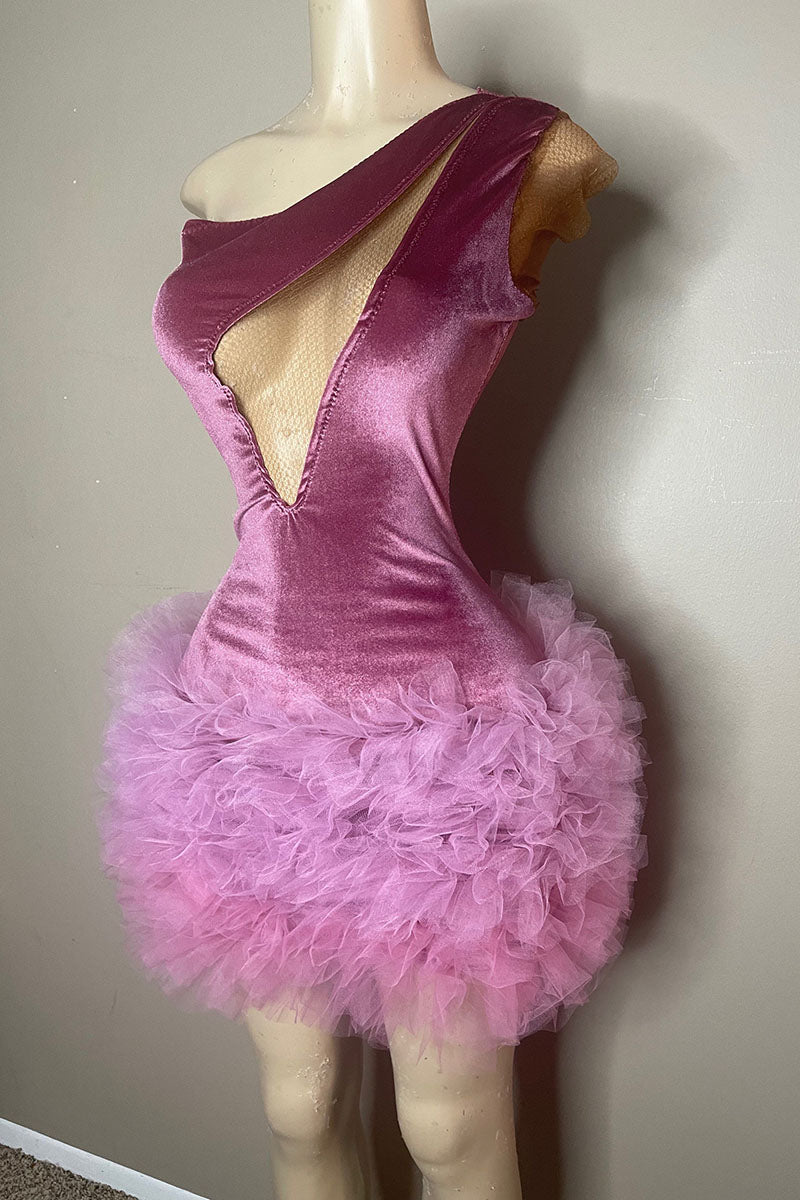 H5594 - One Shoulder Cut Outs Ruched Tulle Velvet Sheath Mini Homecoming Dress