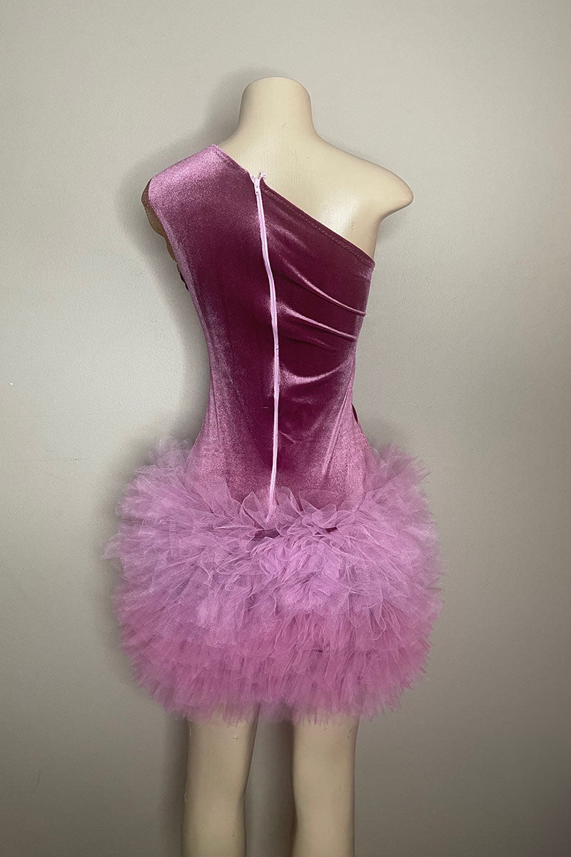 H5594 - One Shoulder Cut Outs Ruched Tulle Velvet Sheath Mini Homecoming Dress