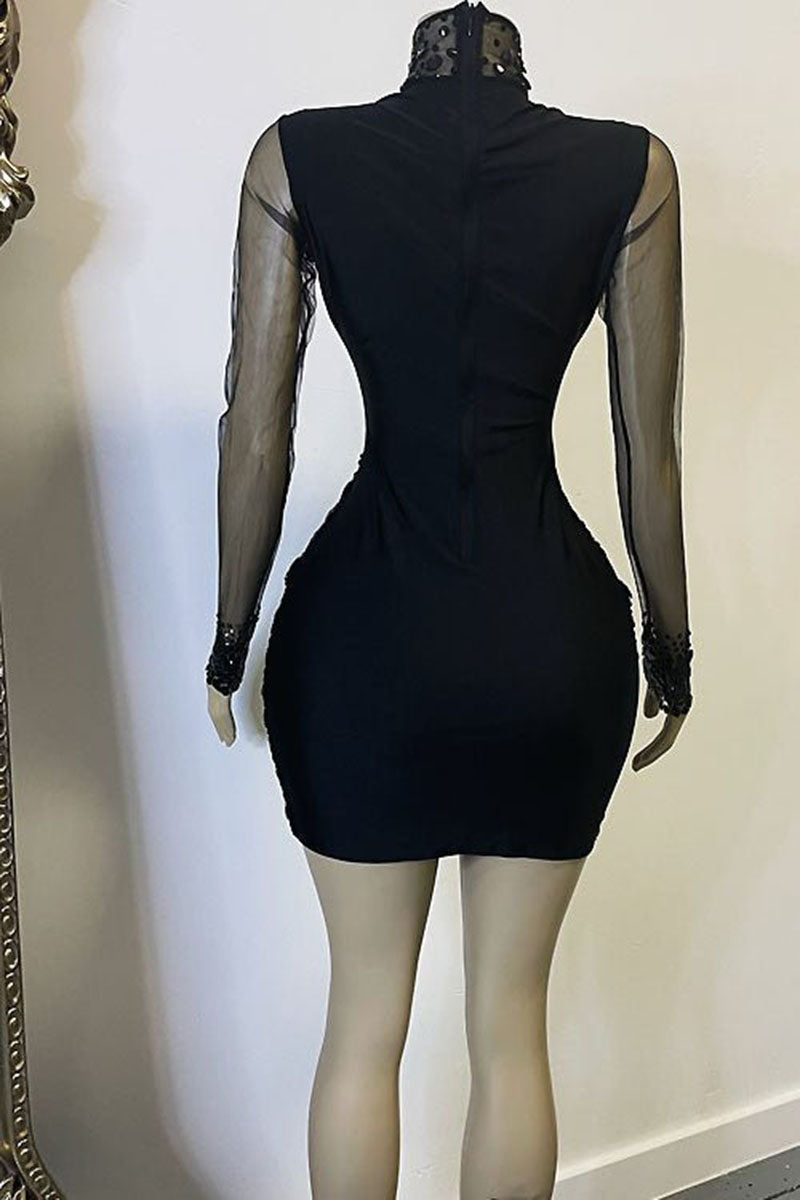 H5595 - High Neck Long Sleeves Beaded Sheer Tulle Sheath Mini Homecoming Dress