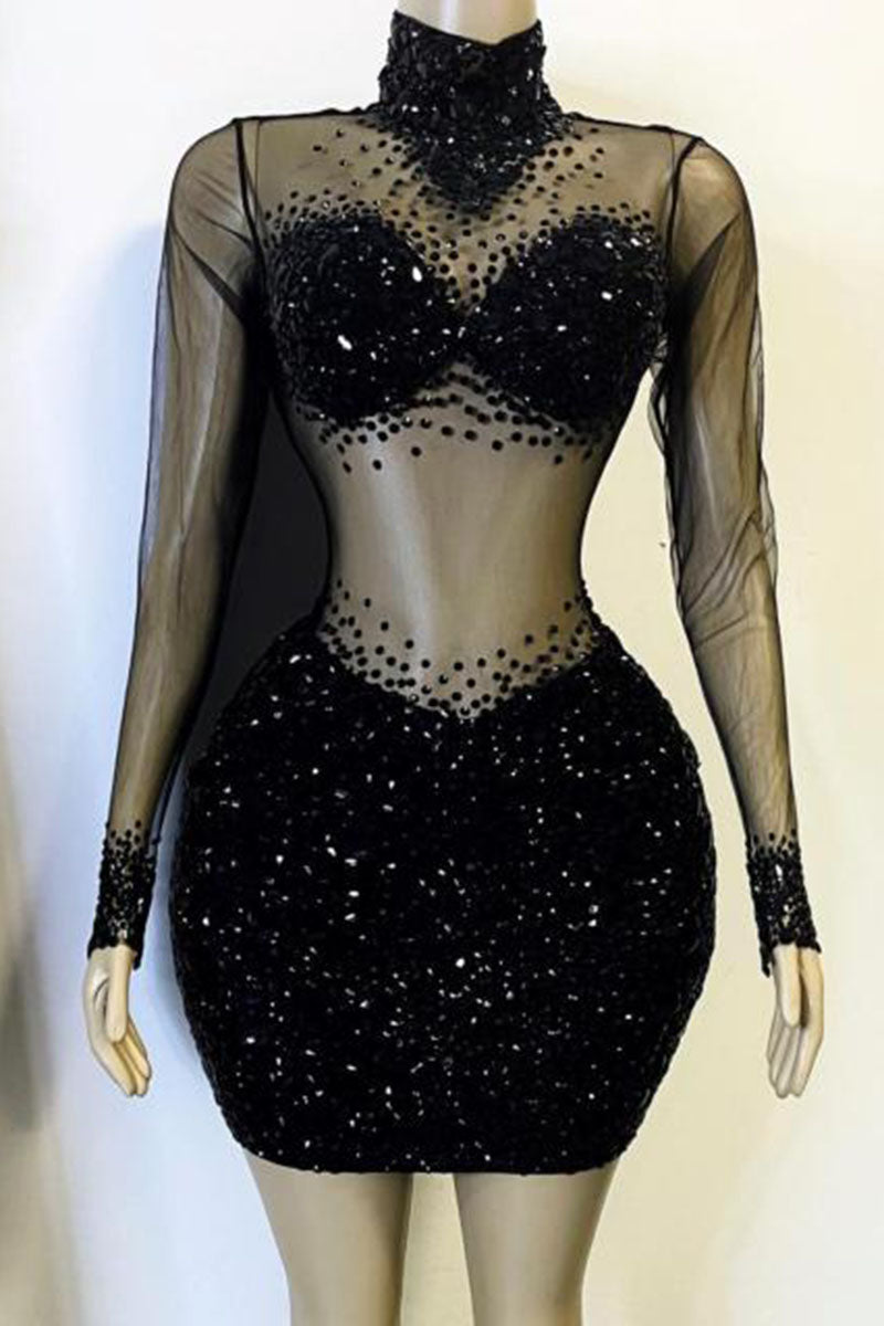 H5595 - High Neck Long Sleeves Beaded Sheer Tulle Sheath Mini Homecoming Dress