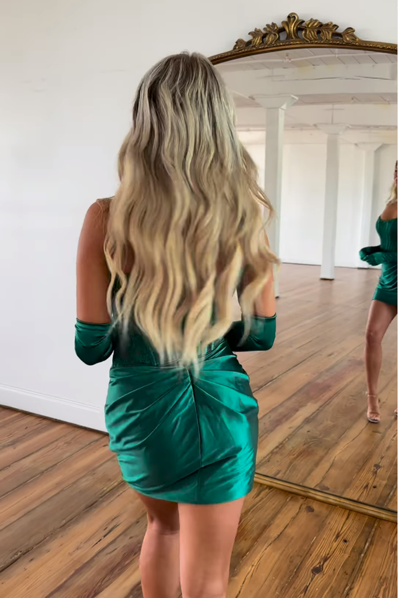 H5598 - Strapless Lace Appliqued Ruched Satin Sheath Mini Homecoming Dress