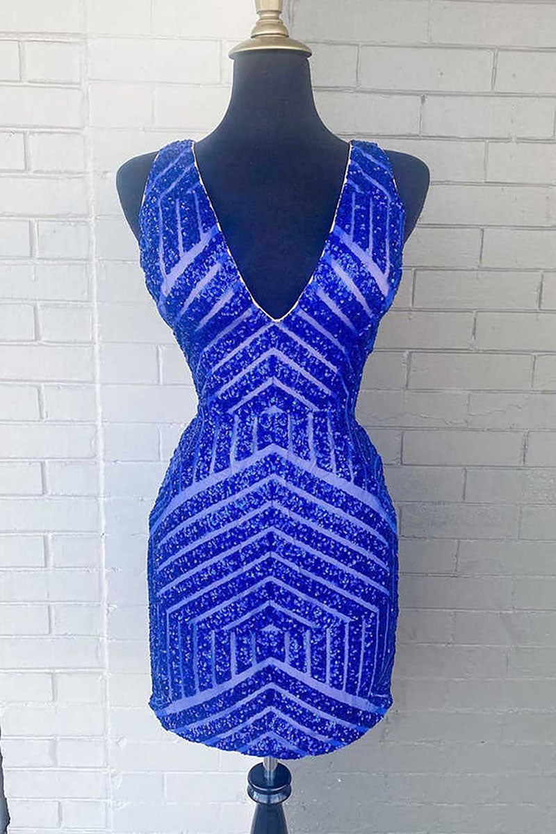 H5601 - V-Neck Sleeveless Sequined Backless Sheath Mini Homecoming Dress