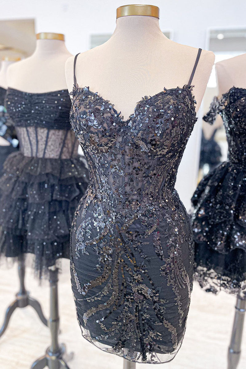 H5602 - Sweetheart Spaghetti Straps Sequined Sheer Tulle Sheath Mini Homecoming Dress
