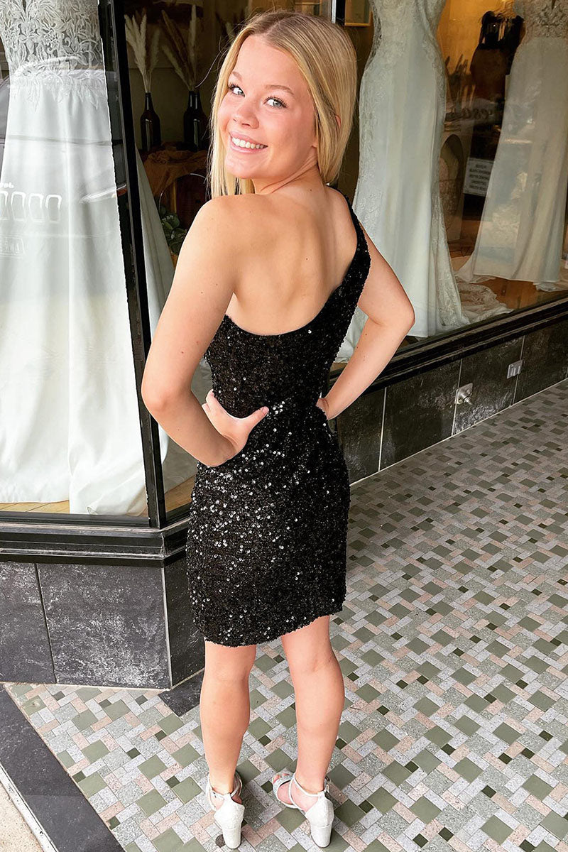 H5607 - One Shoulder Sleeveless Sequined Sheath Mini Homecoming Dress