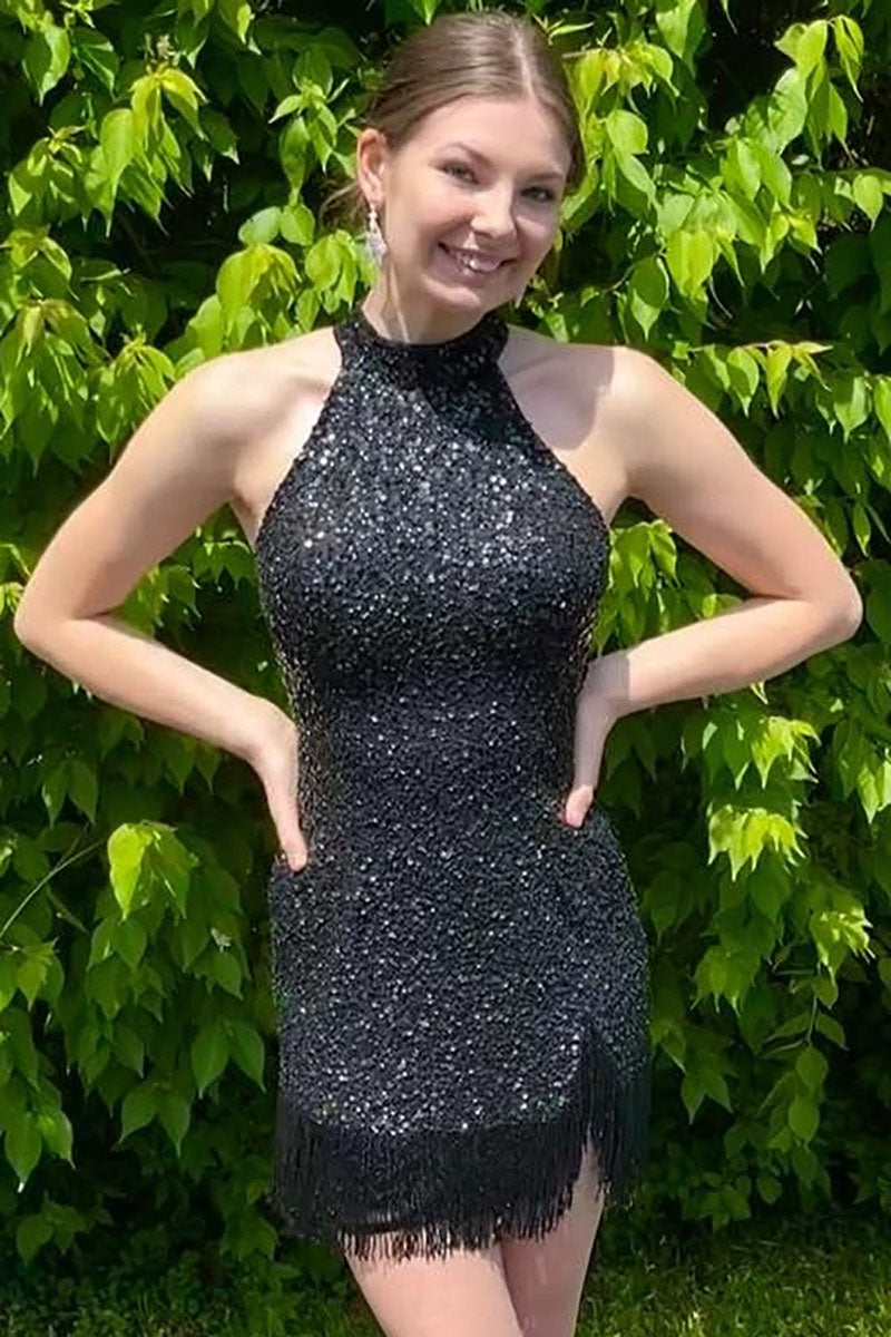 H5614 - High Neck Halter Sleeveless Sequined Beaded Sheath Mini Homecoming Dress