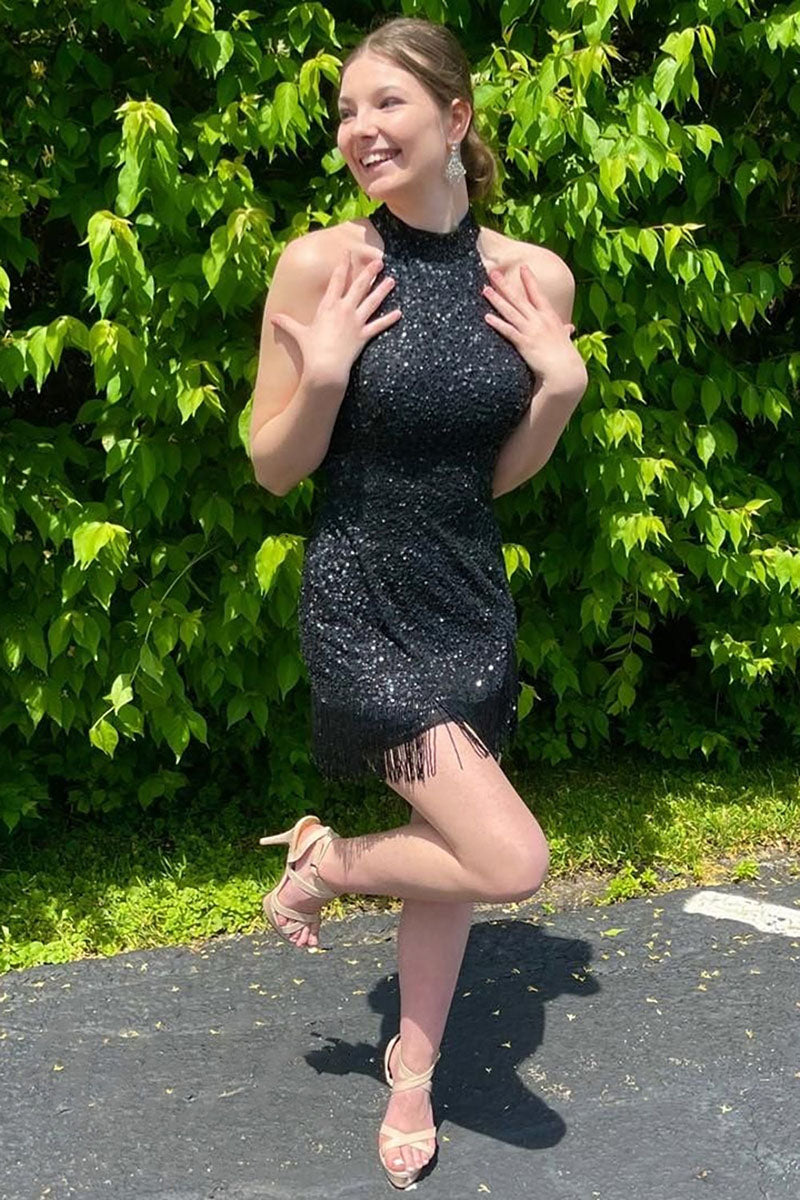 H5614 - High Neck Halter Sleeveless Sequined Beaded Sheath Mini Homecoming Dress