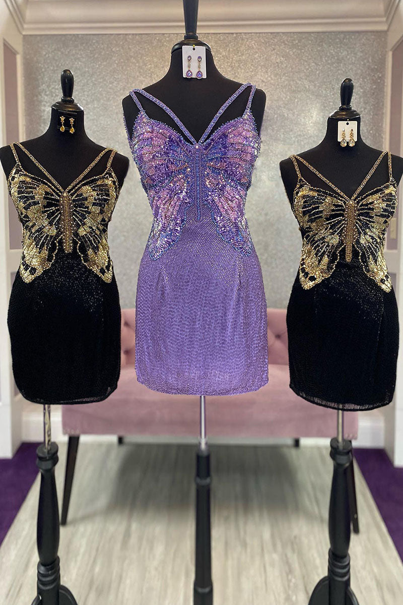 H5617 - V-Neck Spaghetti Straps Beaded Sequined Sheath Mini Homecoming Dress