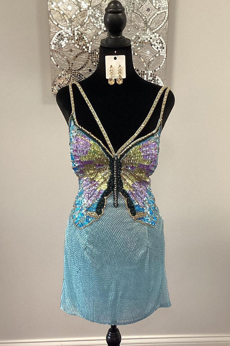 H5617 - V-Neck Spaghetti Straps Beaded Sequined Sheath Mini Homecoming Dress